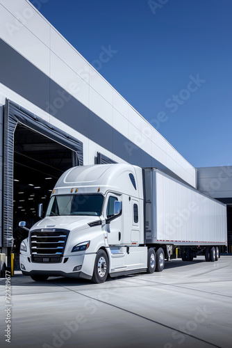 The truck is parked on the loading dock of an industrial warehouse, where many trucks with semi-trailers load goods photo