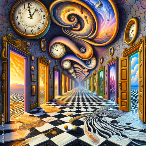 A surrealistic artwork inspired by Salvador Dali, featuring a recursive theme with intricate illusions and loops. photo