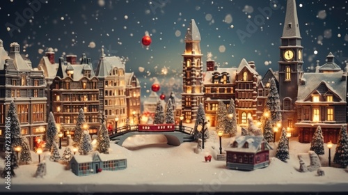 A charming Christmas village with a central clock tower. Perfect for holiday-themed designs and festive promotions