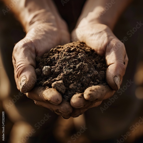 Close-up view, two hands hold the rich red soil, embodying the tangible connection between humanity and the earth beneath. AI generated illustration