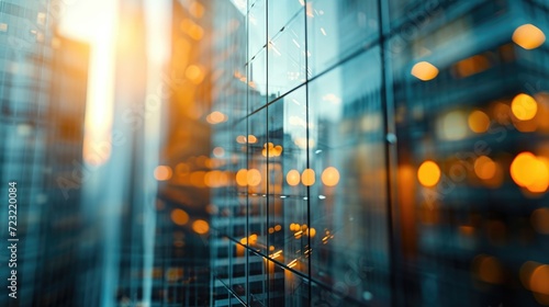 Reflection of tall buildings in a glass window with lights at dusk.