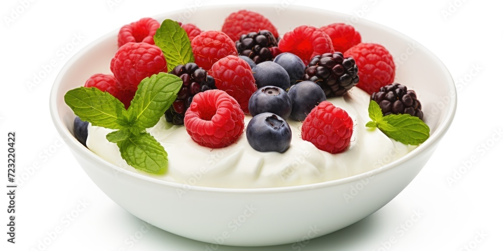 A delicious bowl of yogurt topped with fresh berries and garnished with mint leaves. Perfect for a healthy breakfast or snack A delicious bowl of yogurt topped with fresh berries and garnished with mint leaves. Perfect for a healthy breakfast or snack