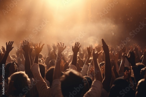 A lively scene capturing a crowd of people enthusiastically raising their hands in the air. This image can be used to convey excitement, celebration, unity, or a sense of achievement.