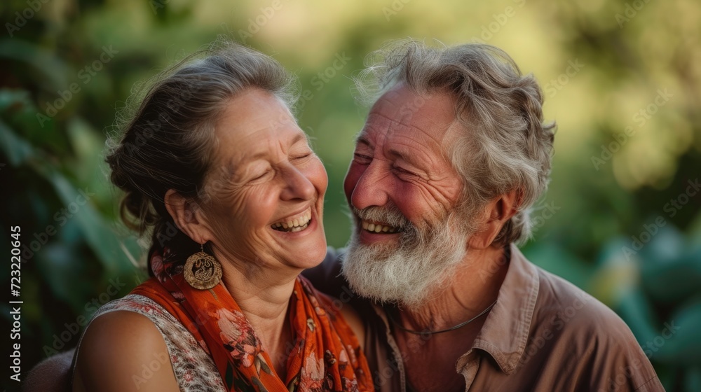 A senior couple shares a close and hearty laugh together, surrounded by greenery. A senior couple shares a close and hearty laugh together, surrounded by greenery.