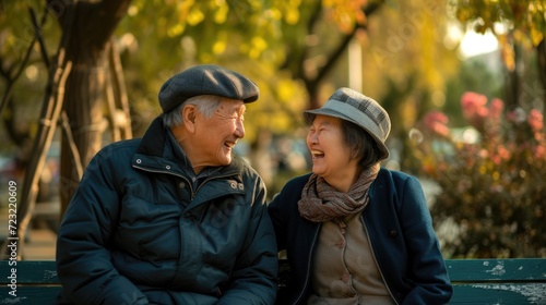 Elderly Asian couple shares a fun time laughing together on a park bench surrounded by autumn leaves.