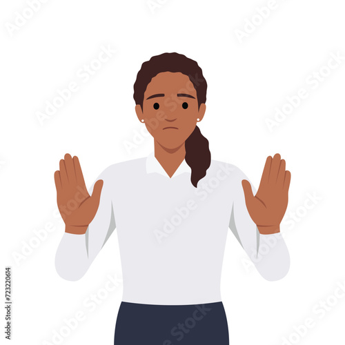 businesswoman is expressing refusal. The woman says STOP with the gesture. The girl expresses protest and disagreement. Flat vector illustration isolated on white background