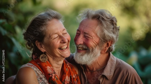 A senior couple shares a close and hearty laugh together, surrounded by greenery.