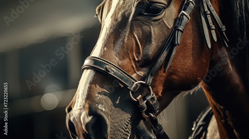 A detailed close-up view of a horse wearing a bridle. This image can be used for various purposes, such as equestrian events, horse training, or equine-related publications photo