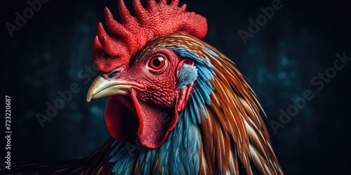 A close-up photograph of a rooster's head on a black background. Suitable for use in farm-related designs and animal-themed projects