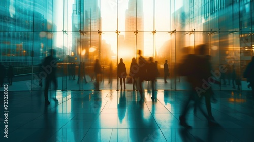 Silhouettes of people walking briskly in an urban glass building during a vibrant sunset.