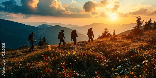 Four youthful trekkers with knapsacks are strolling in the mountains during sunset. photo
