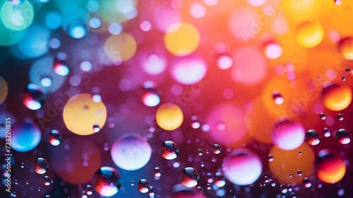 Colorful raindrops on glass with a mesmerizing rainbow bokeh effect. © kept