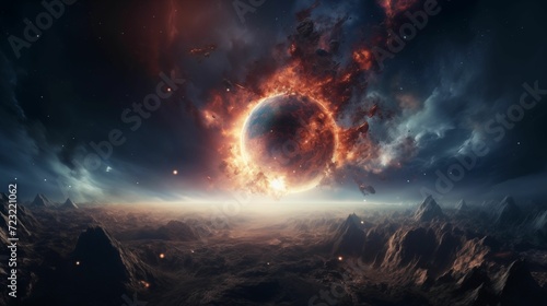 Explosion of a planet in the vastness of space.