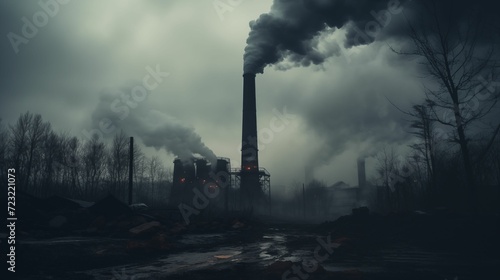 Factory chimney relentlessly spewing black smoke into a bleak and gray sky. photo