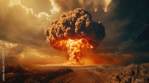 A massive mushroom cloud looms over a dirt road, creating a dramatic and ominous scene.