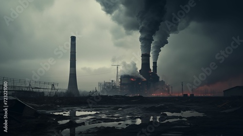 Factory chimney relentlessly spewing black smoke into a bleak and gray sky.