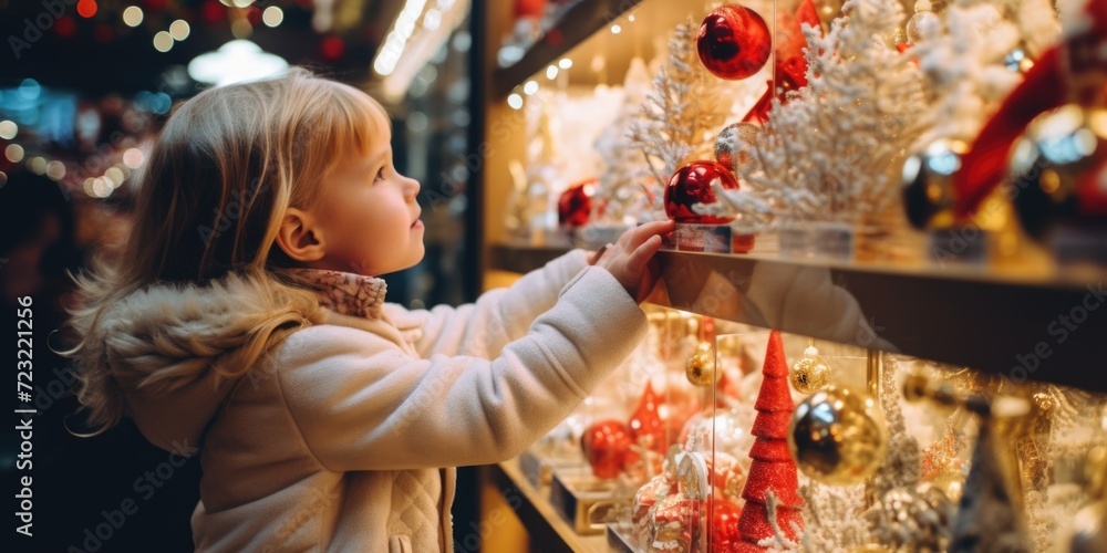 A young girl stands in a store, captivated by the sight of Christmas decorations. This image can be used to showcase the excitement and wonder of the holiday season