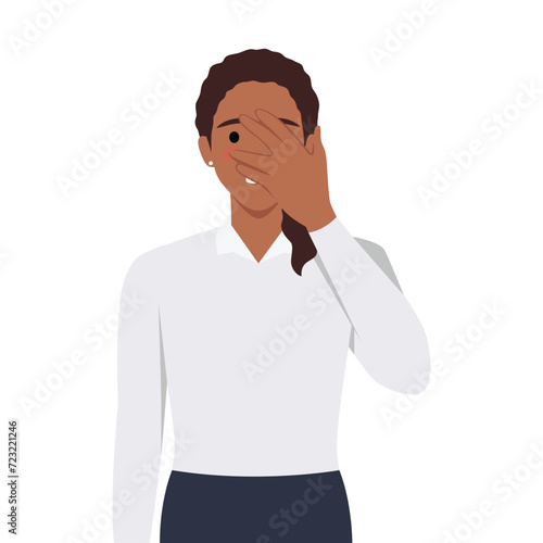 Young brunette woman covering her face with hand ashamed. Flat vector illustration isolated on white background