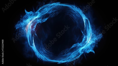 Blue smoke forming a circle on a black background. Ideal for use in abstract designs or as a background element.