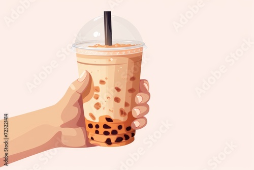 A hand holding a cup of bubble tea, a popular beverage with tapioca pearls. Suitable for food and drink related projects