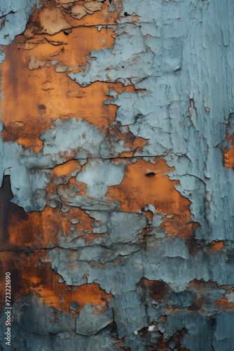 Peeling paint in shades of blue and orange on a wall. Can be used as a background or texture for design projects