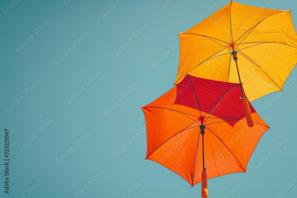 Upward view of two orange umbrellas under a clear blue sky, abstract and minimalist design concept Upward view of two orange umbrellas under a clear blue sky, abstract and minimalist design concept