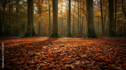 An ancient forest with towering trees and a carpet of fallen leaves. photo
