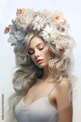 A woman wearing a flower crown on her head. Suitable for various occasions and themes