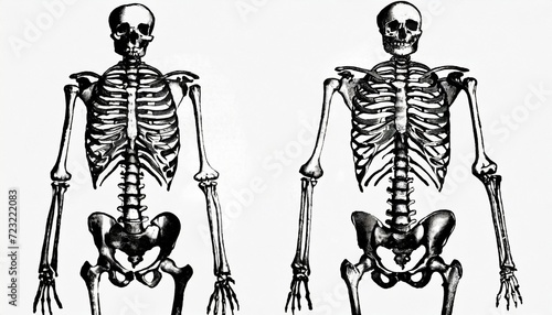 human skeleton anatomy front and back view old antique illustration from brockhaus konversations lexikon 1908 photo