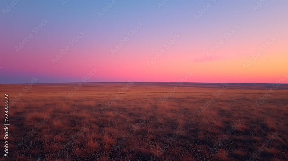Twilight hues over vast tranquil grassland
