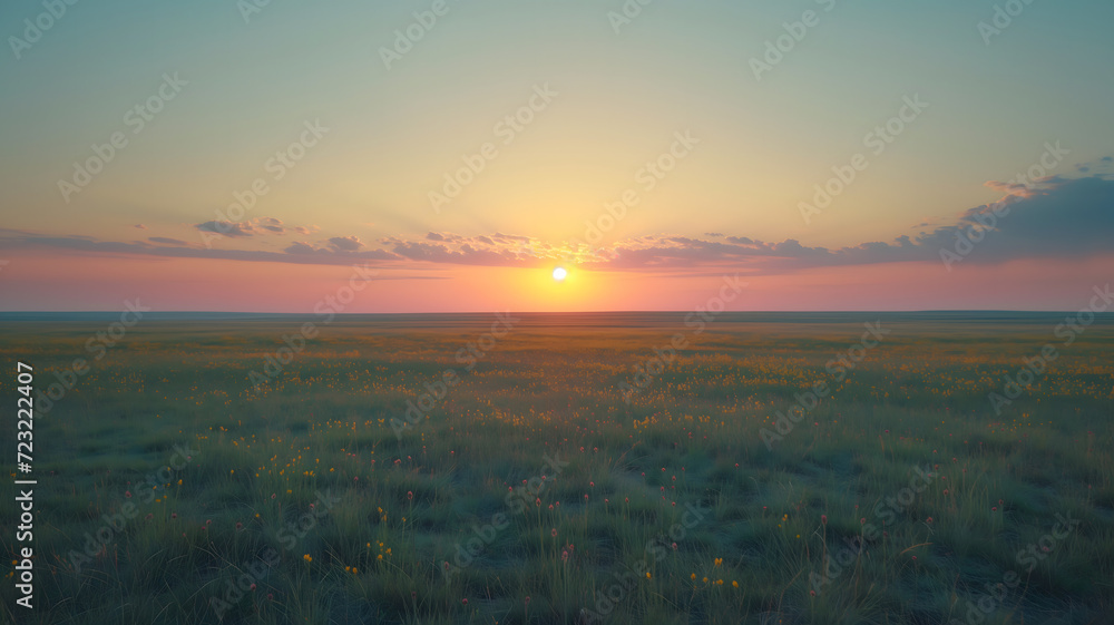 Soft sunset over a blooming wildflower prairie