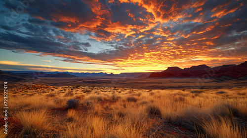 Print op canvas An arid desert at sunset with long shadows and a fiery sky.
