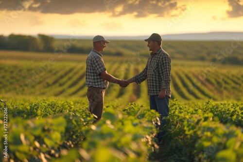 Two agriculturists in soybean field reaching an accord through a handshake. photo