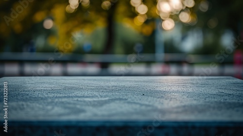 Park table surface with blurred bokeh lights for product display or mockup