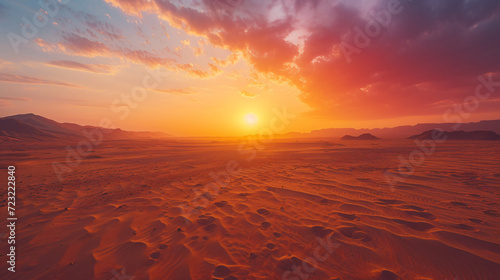 Fotografia An arid desert at sunset with long shadows and a fiery sky.