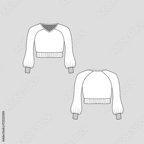 Raglan ruched hem crop top Rib v neck Long Balloon sleeve with cuffs  fashion t shirt top blouse flat sketch technical drawing template design vector