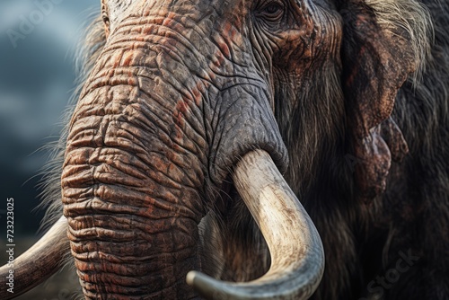 Close-up view of an elephant showcasing its impressive long tusks. Perfect for educational materials or nature-themed designs