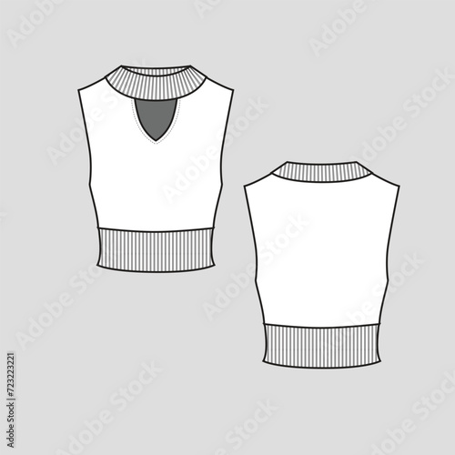 Ribbed keyhole crop top high neck rib cropped fashion t shirt top blouse flat sketch technical drawing template design vector