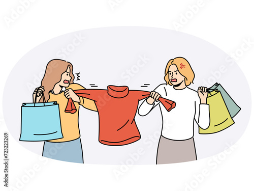 Furious female buyers fight for clothing in shop or boutique. Mad women battle for sweater in store. Shopping and consumerism. Vector illustration.