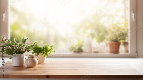 Spacious wooden surface for product display or mockup in a blurry white kitchen with a chopping board and plant in Scandinavian design during daylight.