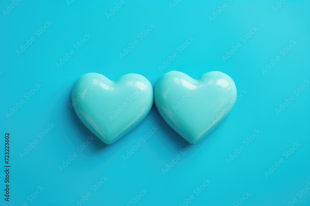 Two heart shaped candys on a blue background. Can be used for Valentine's Day or romantic-themed projects