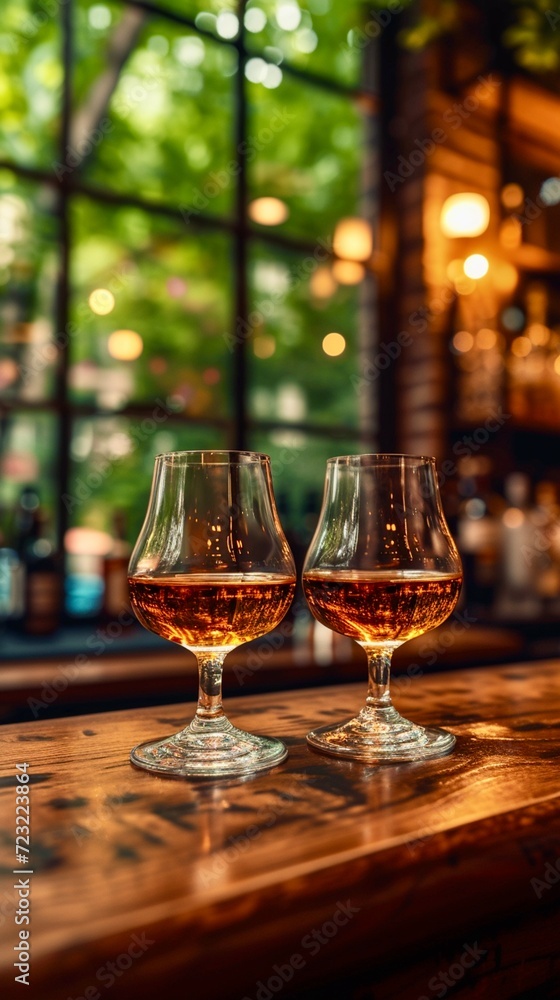 Two glasses of cognac on a wooden table in a bar with a window in the background Two glasses of cognac on a wooden table in a bar with a window in the background