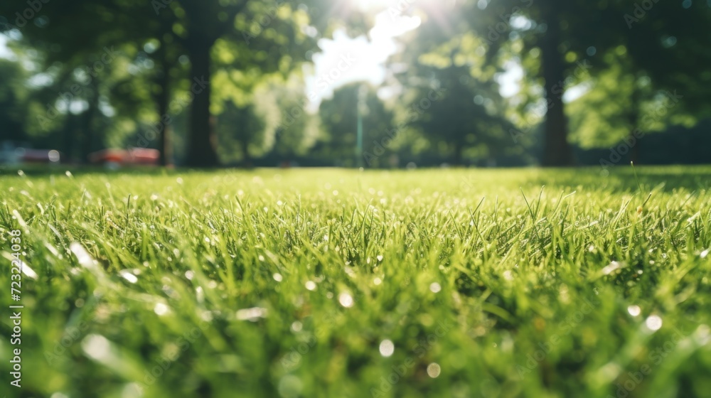 A beautiful field of grass with the sunlight filtering through the trees. Perfect for nature and landscape designs