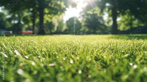 A beautiful field of grass with the sunlight filtering through the trees. Perfect for nature and landscape designs