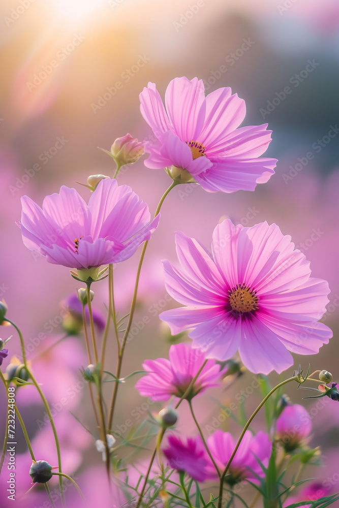 Field with beautiful pink cosmos flowers in the morning. Field with beautiful pink cosmos flowers in the morning.