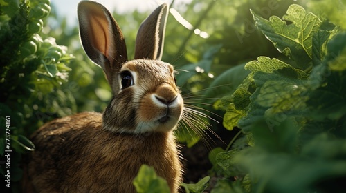 A close-up photograph of a rabbit in a field. Can be used to depict nature, wildlife, or animal themes