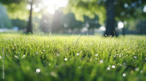 A picture of a grass field with sparkling water droplets. Perfect for nature-themed designs and backgrounds