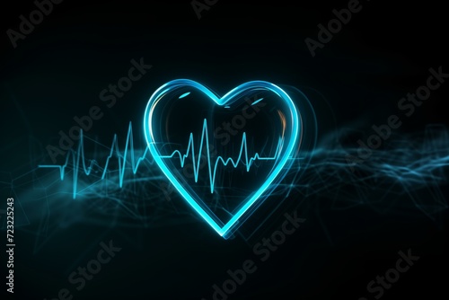 a blue heart sign with heart rate glowing icon on black isolated background