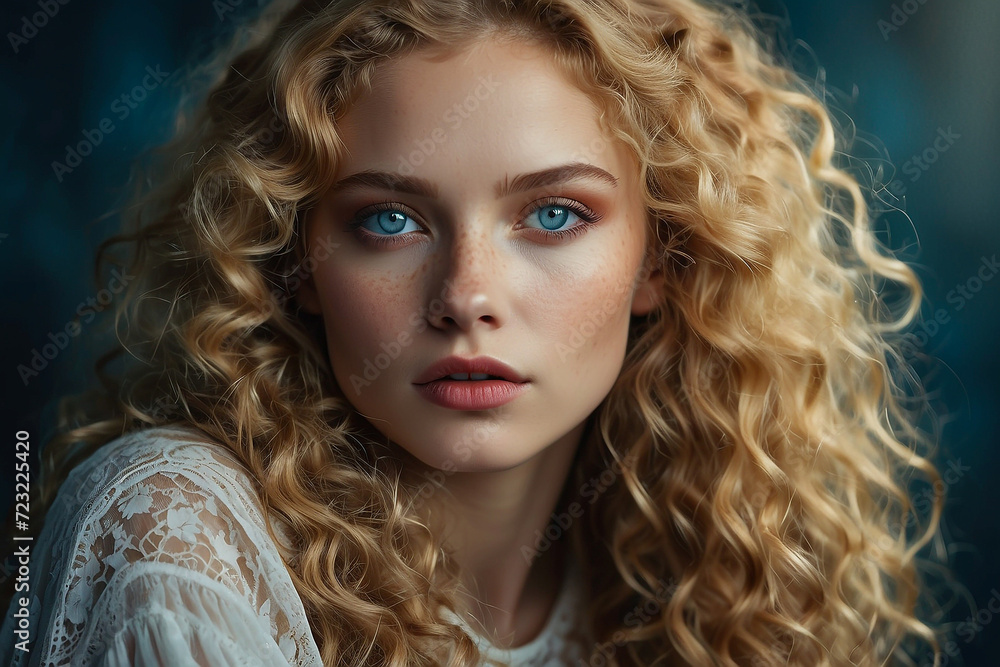 Fototapeta premium A stunning portrait of a model girl with piercing blue eyes and cascading golden curls