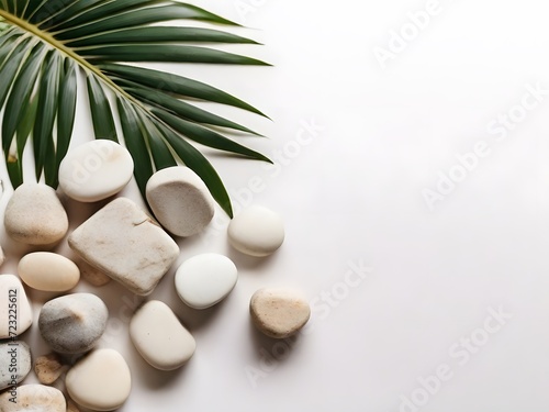 Palm leaf on rocks white background.The contrast between the smooth, curved palm leaf and the jagged, angular rocks. photo